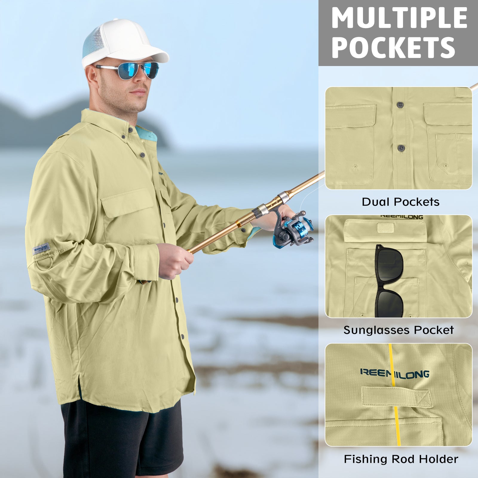 TruDave Men's Long Sleeve Fishshirt, Clothing with SPF Sun Protection, Sun Proof UV 50+ Protection Sunblock Long Sleeve Fishing Shirts for Men, Performance Fishing Gear Shirts Khaki